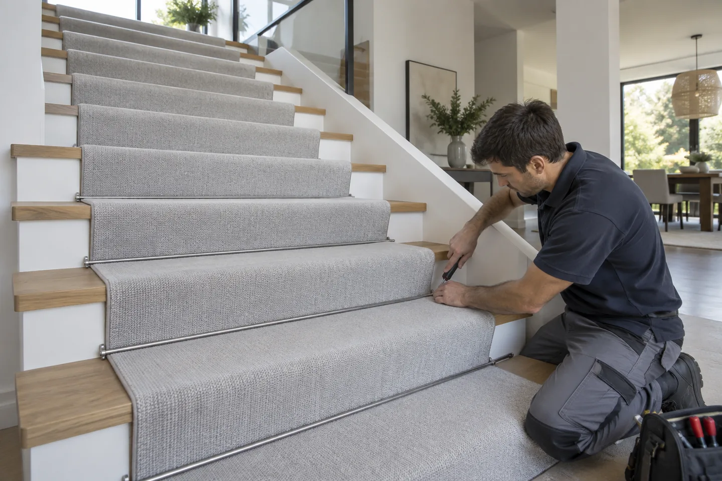 Colocación profesional de alfombra en escalera de Zona Norte