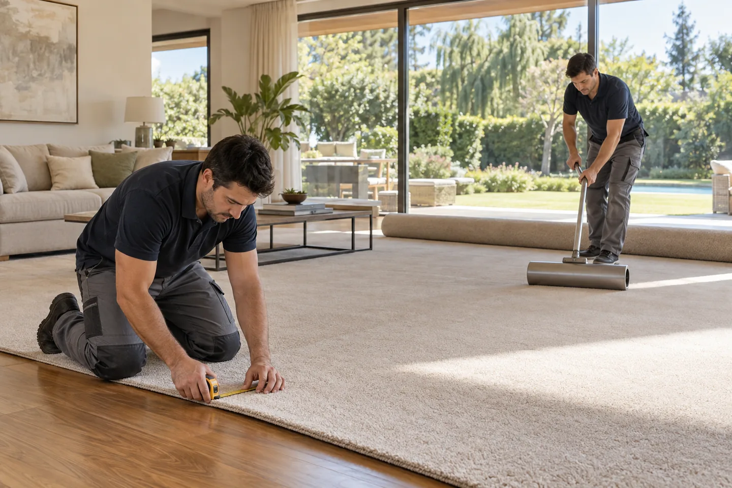Instaladores colocando alfombra en una casa de Zona Norte