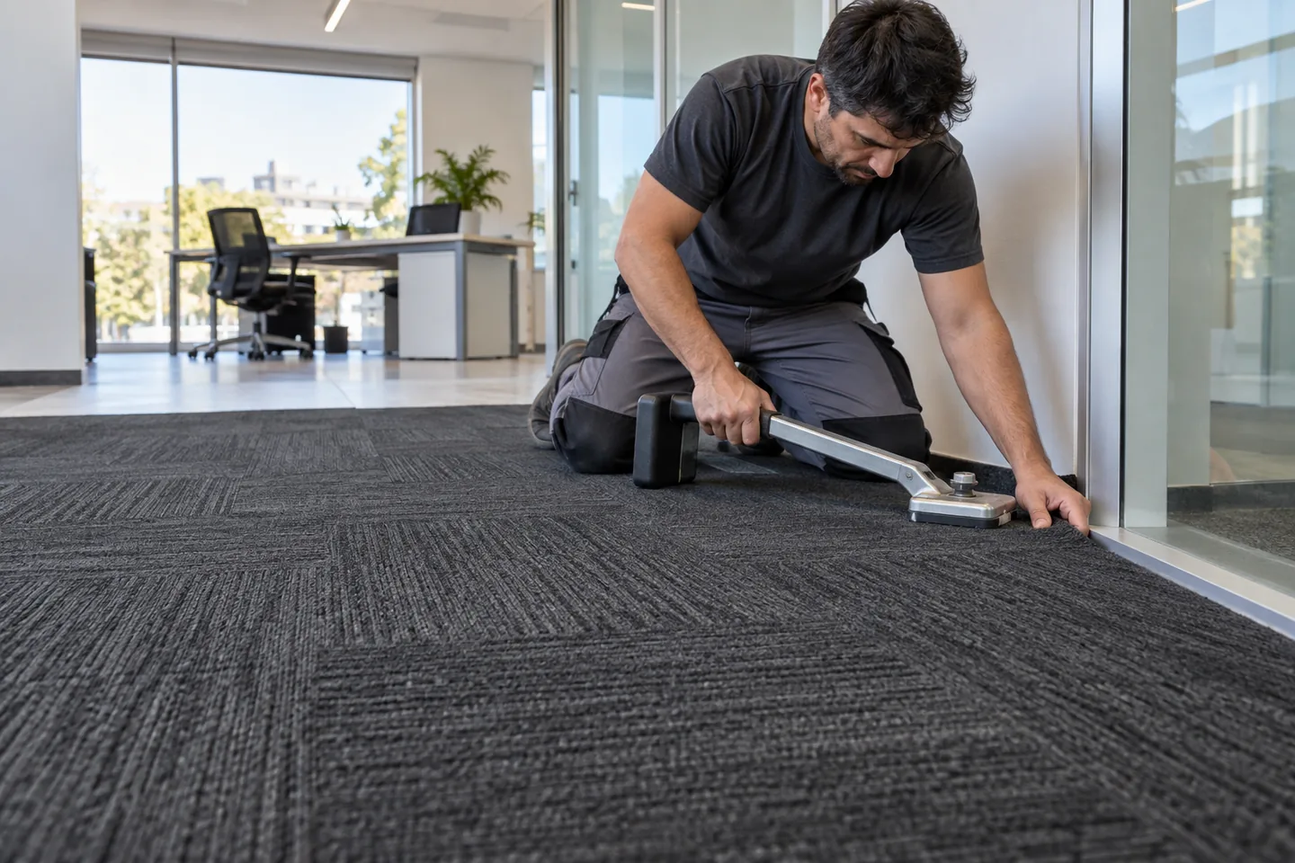 Instalador colocando alfombra comercial en Zona Oeste