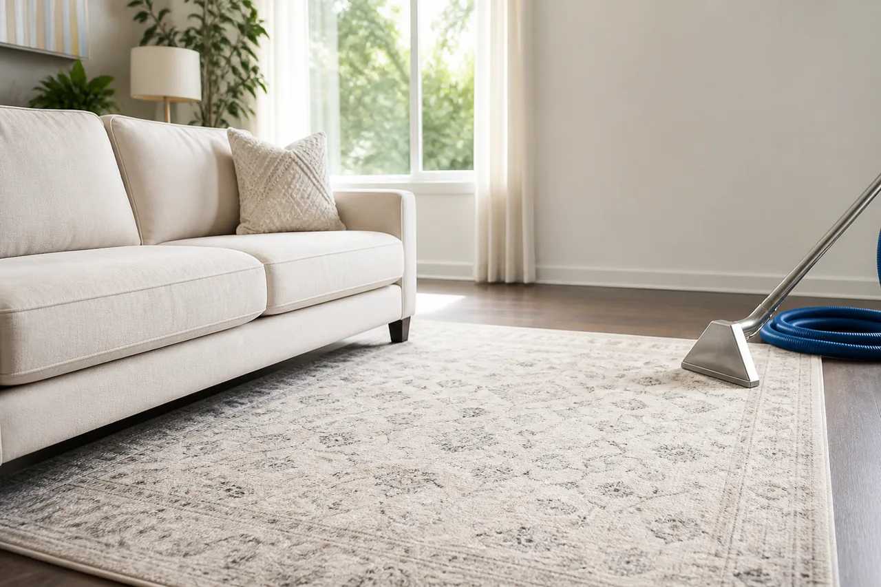 Alfombra decorativa clara con motivos geométricos en un living luminoso