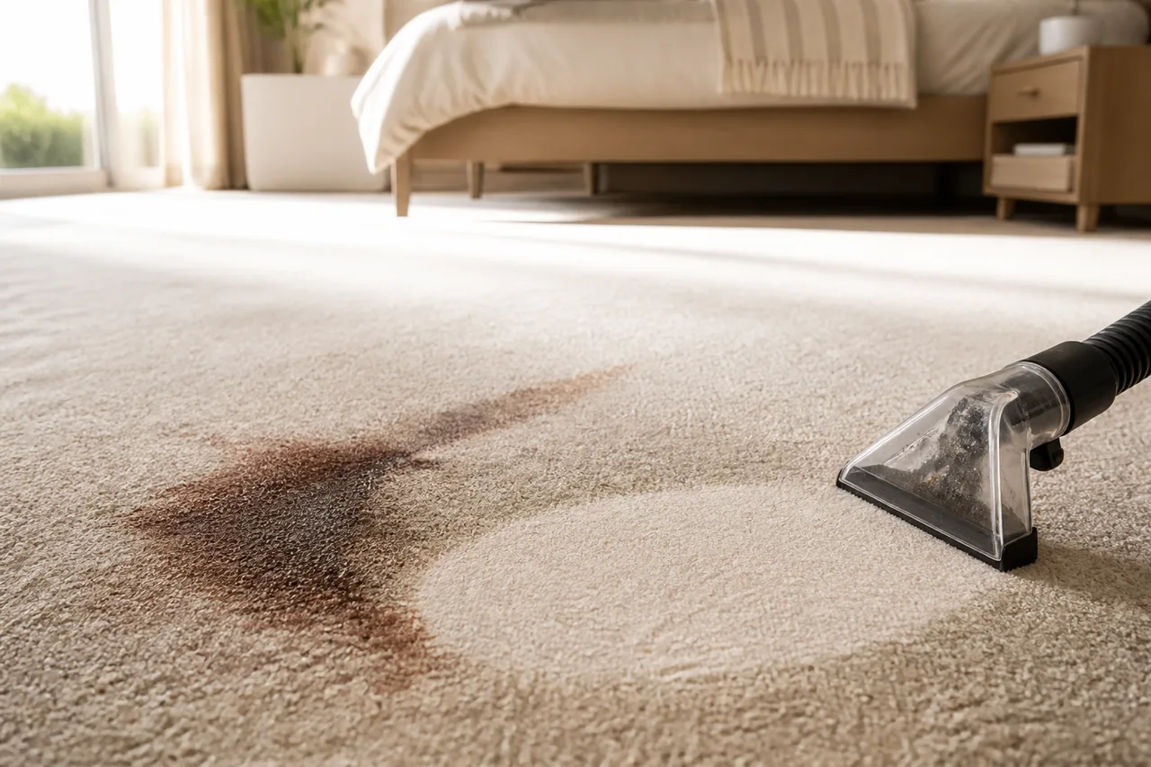 Alfombra de dormitorio con una mancha oscura, limpiada con máquina de inyección-extracción