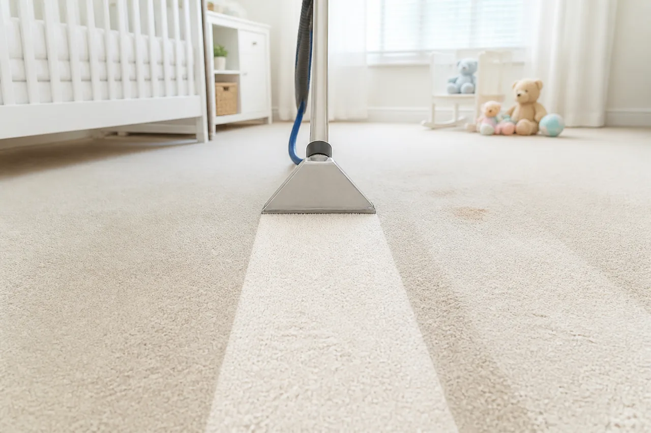 Alfombra clara de una habitación infantil con juguetes de fondo, siendo limpiada