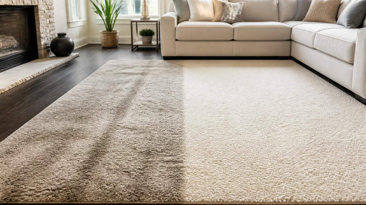 Alfombra clara de gran formato en un living con sofá seccional