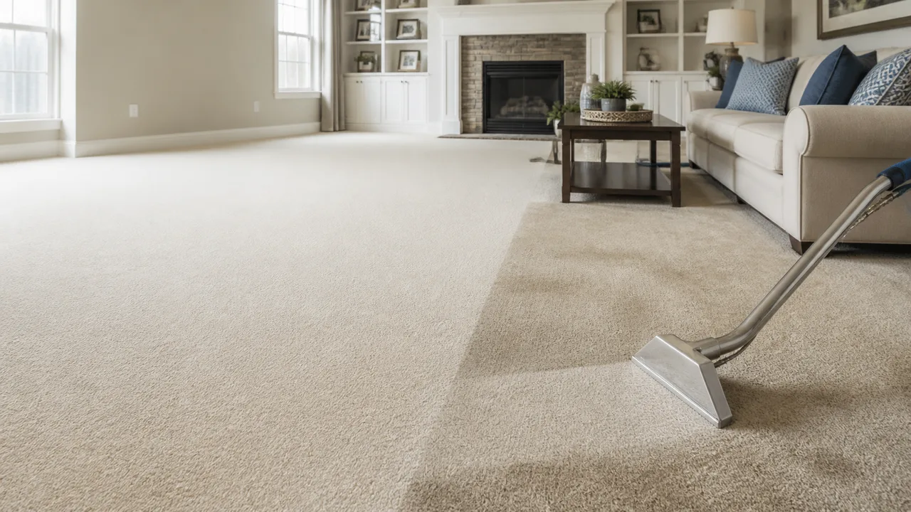 Alfombra beige de living limpiada con máquina de inyección-extracción, con chimenea de fondo