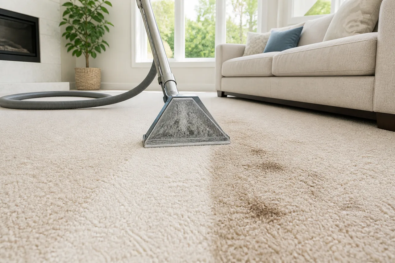 Alfombra de living con marcas de uso, limpiada con máquina de inyección-extracción