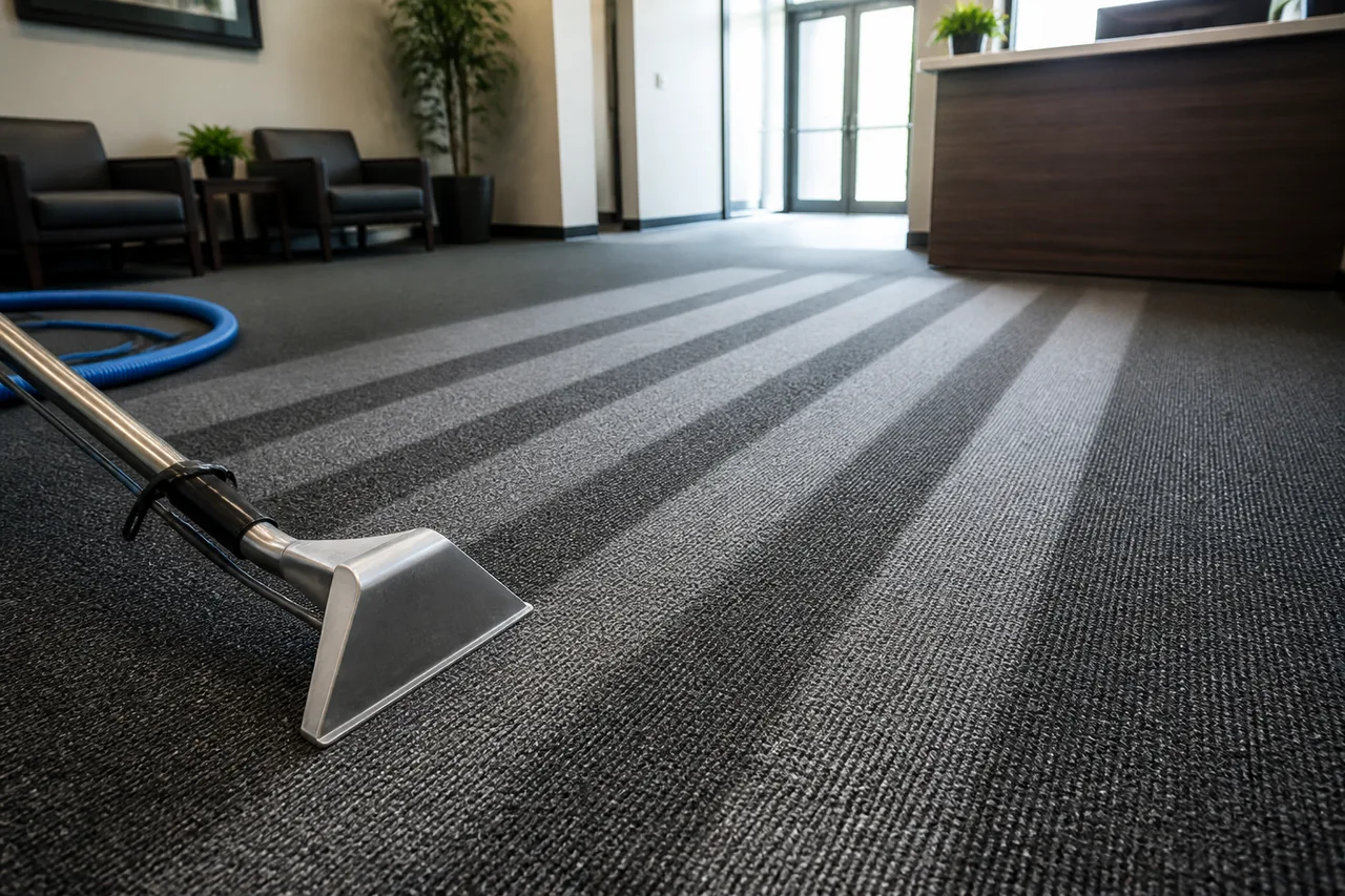 Alfombra fija de pared a pared de una oficina, limpiada con máquina de inyección-extracción