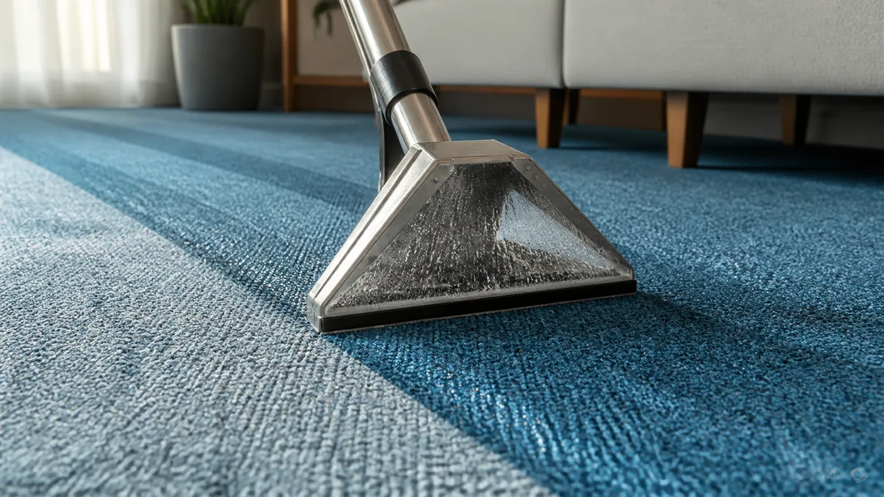 Alfombra fija de pared a pared con rayas azules, limpiada con máquina de inyección-extracción