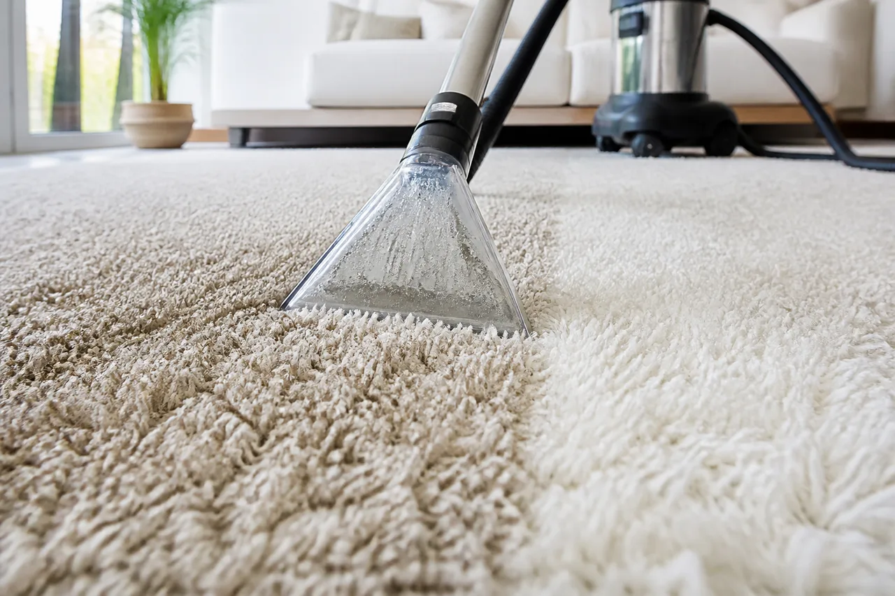 Alfombra shag blanca de un living amplio, con la máquina de limpieza de fondo