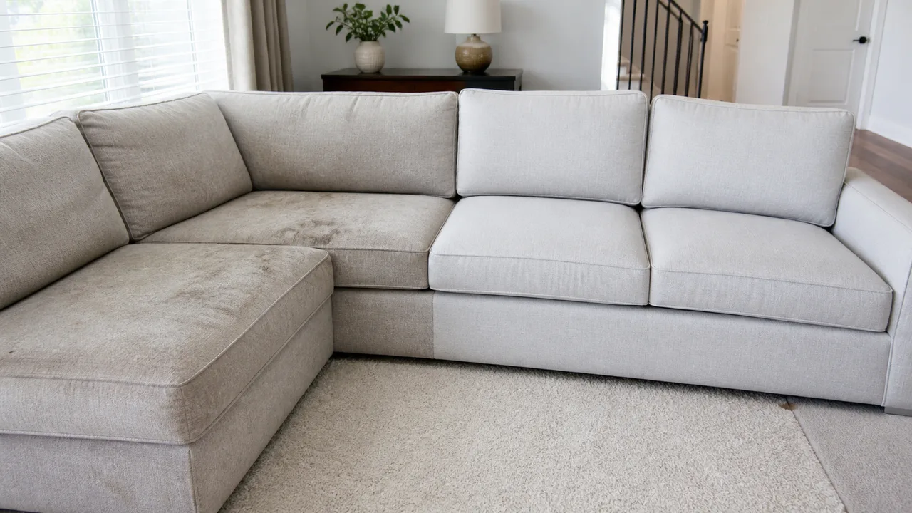 Sofá seccional gris claro con un lado recién limpiado, en un living moderno