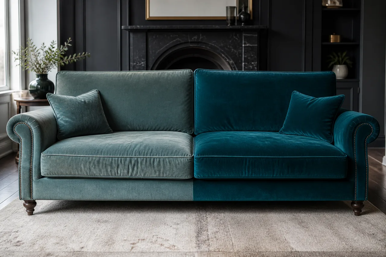 Sofá de terciopelo verde azulado, mitad limpio, en un living de estilo clásico