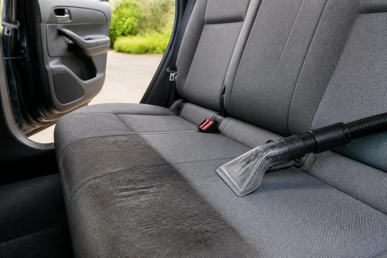 Asiento trasero de un auto siendo limpiado con boquilla de tapizados