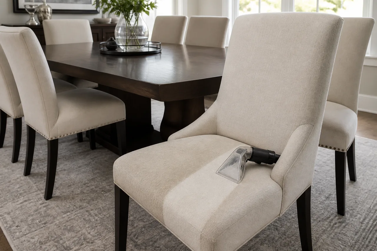 Sillas tapizadas de comedor siendo limpiadas con boquilla de vapor junto a una mesa de madera