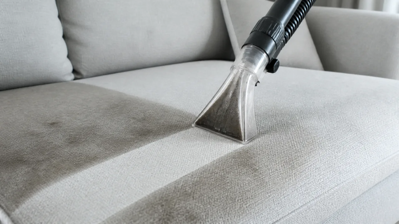 Detalle de un sillón tapizado gris siendo limpiado con boquilla de inyección-extracción
