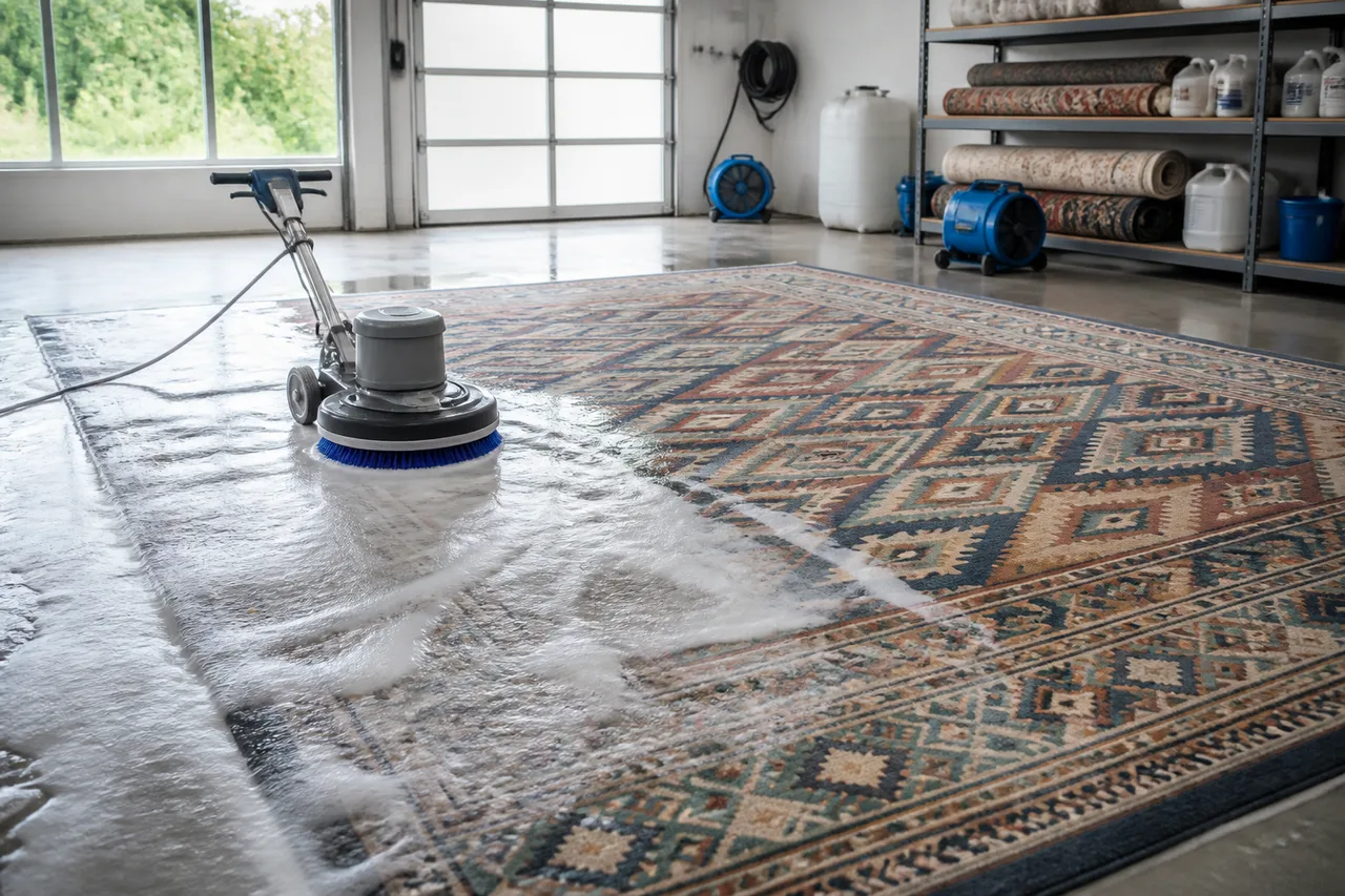 Alfombra persa de gran tamaño siendo restaurada con máquina rotativa, con equipos de secado de fondo